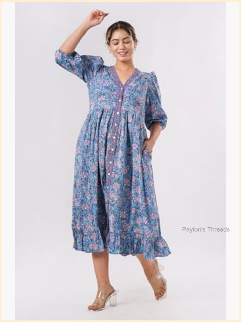 V-Neck Cotton Midi Dress with Pockets Handmade Boho Beach Dress - Picture 5 of 6